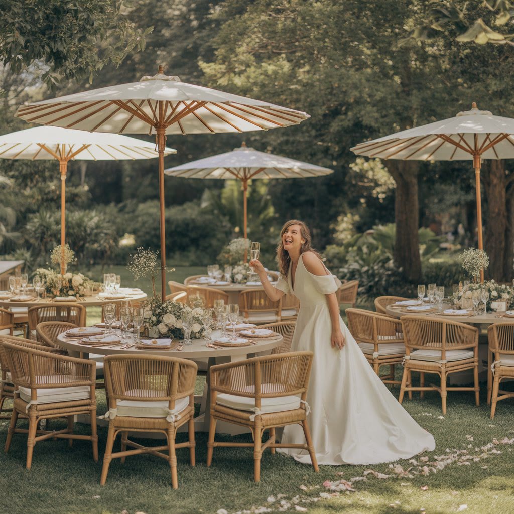 Tables et Chaises pour un Mariage d'Été : Guide Complet pour un Événement Parfait 1 Une femme en robe blanche se tient debout et sourit à côté de tables à manger décorées disposées à l'extérieur sous de grands parasols dans un jardin.